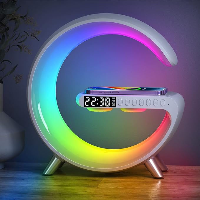 G Shape Bluetooth Speaker Multifunctional Lamp Digital Alarm Wirless Charging Memory Card Supported