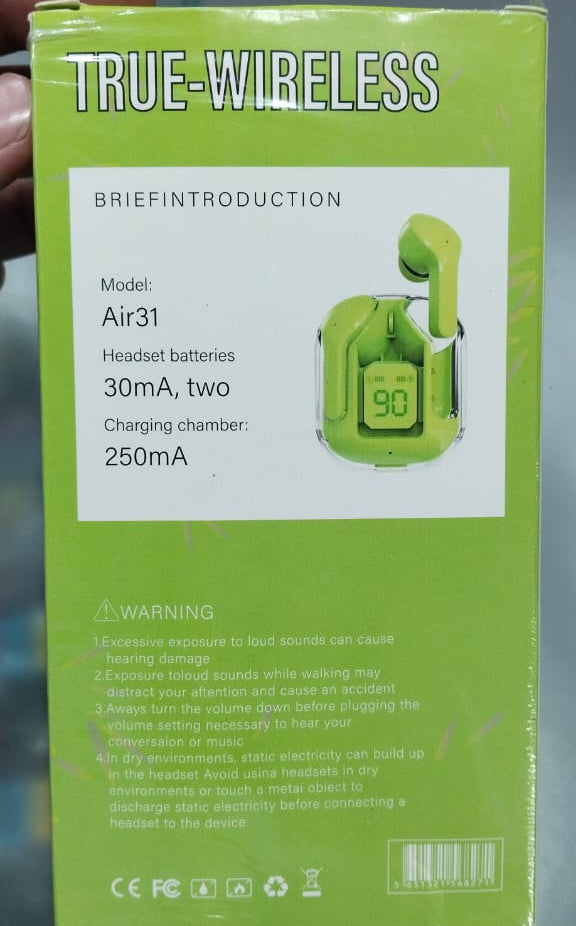 Air 31 Earbuds Wireless Earbuds With Crystal Transparent Case With Type-C Charging | Earbuds Bluetooth 5.3 - With Pouch - Random Color